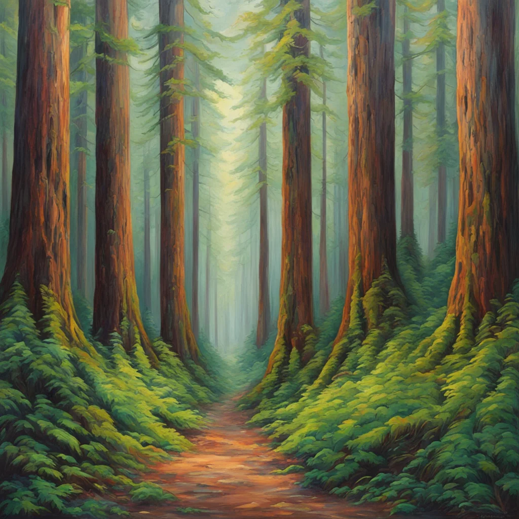 A dense rural redwood forest renaissance painting