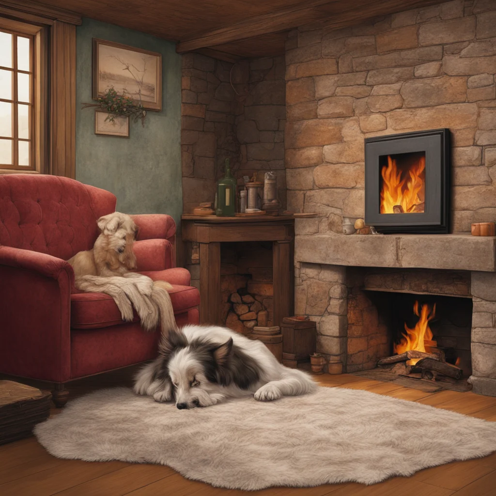 A dog sleeping by fireplace in rustic living room norman rockwell detailed 4k ar 43
