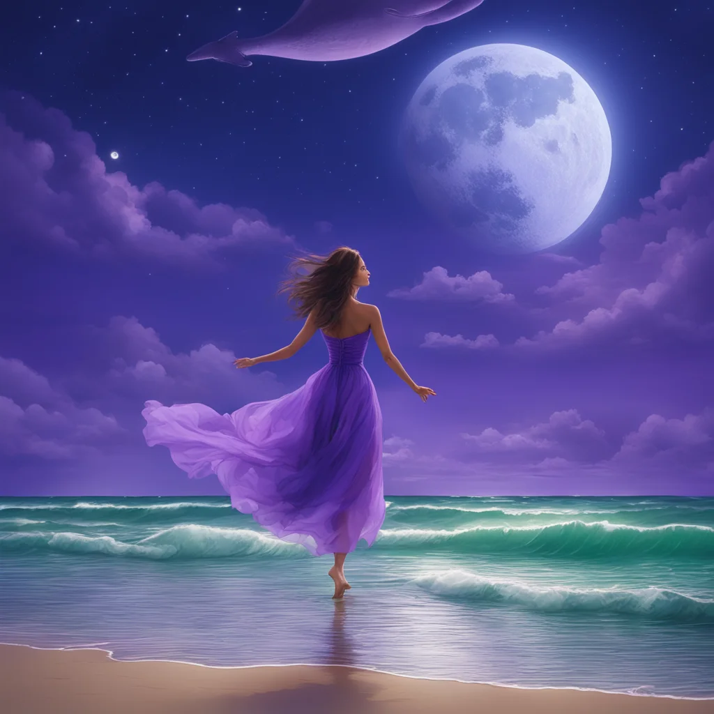 A dreamy purple night by the sea a big moon hangs high in the middle of the sky a beautiful girl in an ethereal blue dre