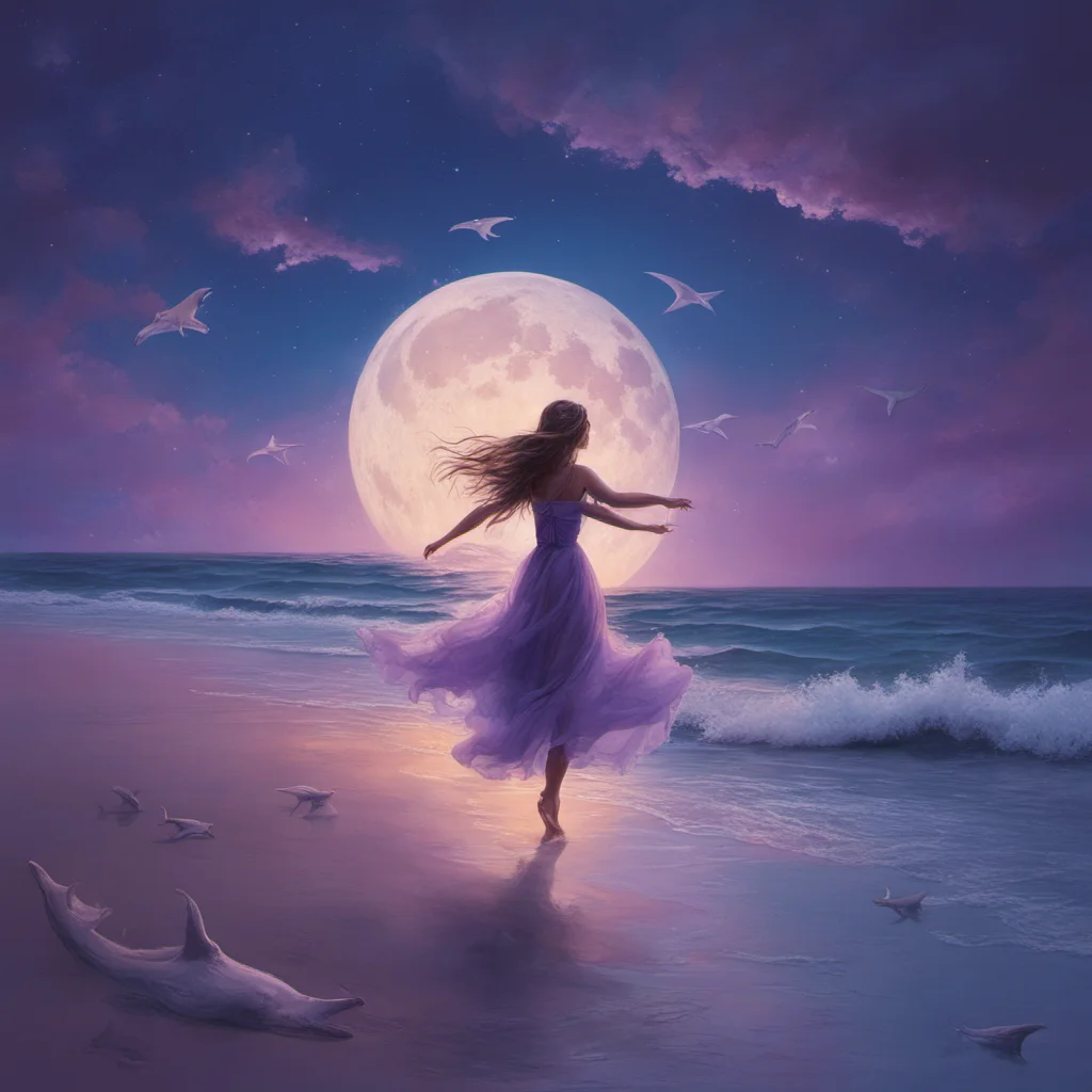 A dreamy purple night by the sea a big moon hangs high in the middle of the sky a beautiful girl in an ethereal blue dress is dancing gracefully on the beach 
