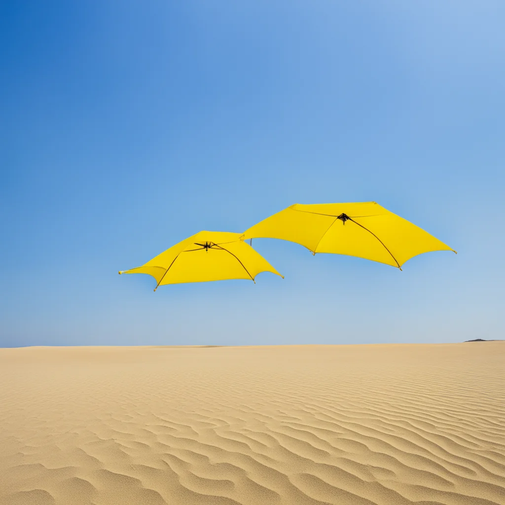 A film shot of a blue sky without clouds very blue sky golden sand a lemon yellow umbrella in the middle of the frame hi
