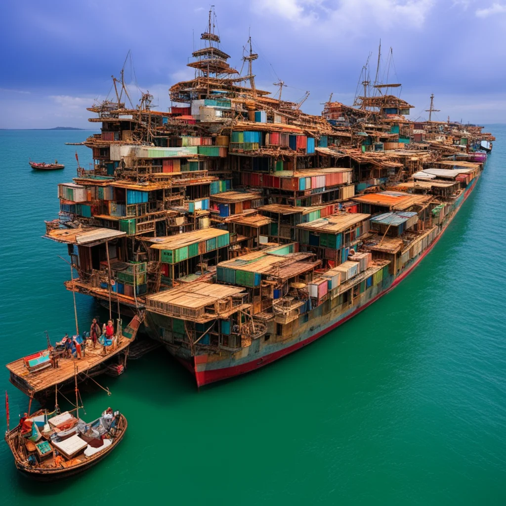 A floating bazaar housed inside a giant mega boat made from a patchwork of shipwrecks lost shipping containers and chitin