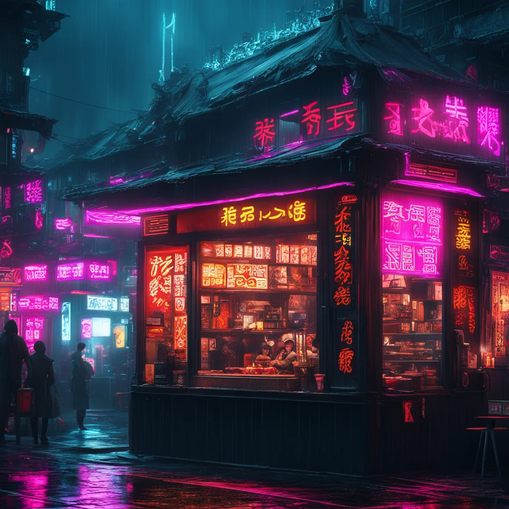 A flying ramen restaurant Tokyo fog neon cinematic hyper detailed hyper realistic in style of blade runner  by leo varas