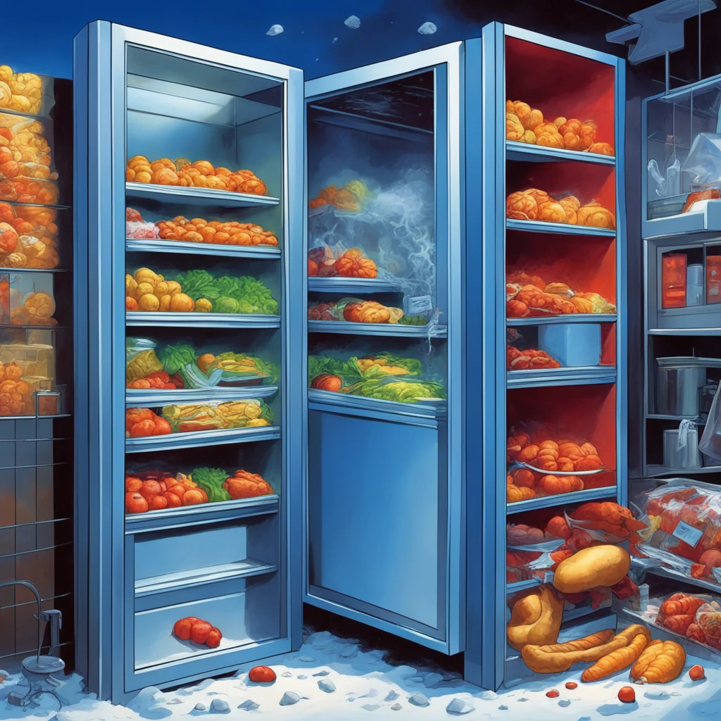 A freezer that has broken down and all food is ruined Public Service Illustrationdesigned by Michael Whelan and Dan Seag