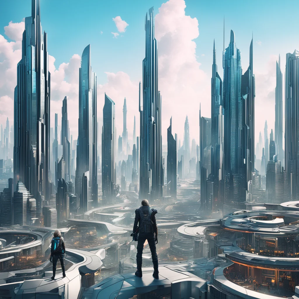 A futuristic city with high rise buildings 3D rendering with adventurers overlooking the city