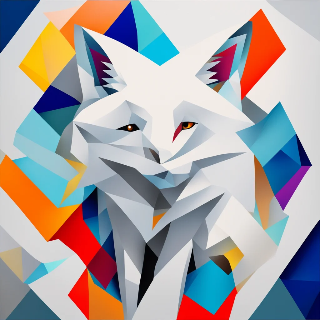 A geometric cubism painting of an arctic fox using excessive use of geometric shapes and forms