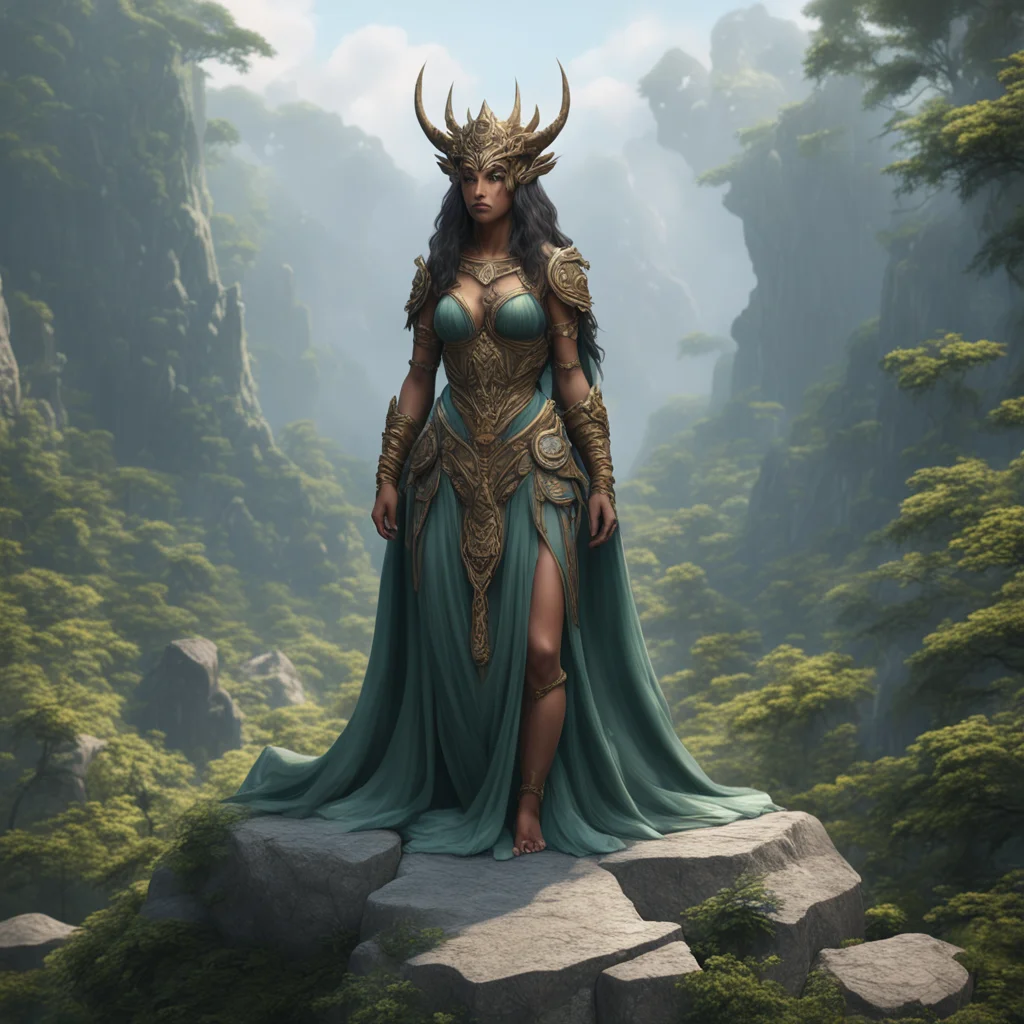 A giant dnd Goddess hunched over turning to stone standing over a vast forrest Octane render hyper detailed