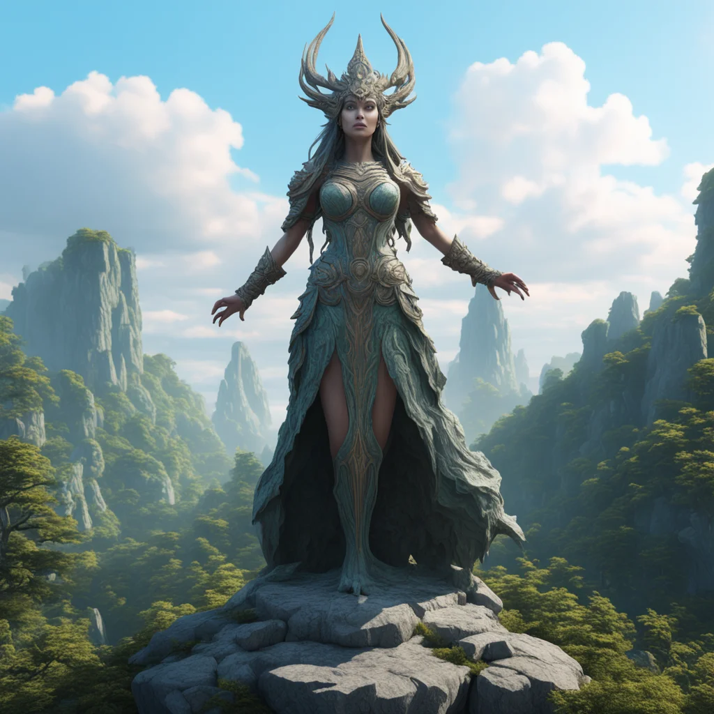 A giant dnd Goddess turning to stone standing over a vast forrest Octane render hyper detailed volumetric aspect 169