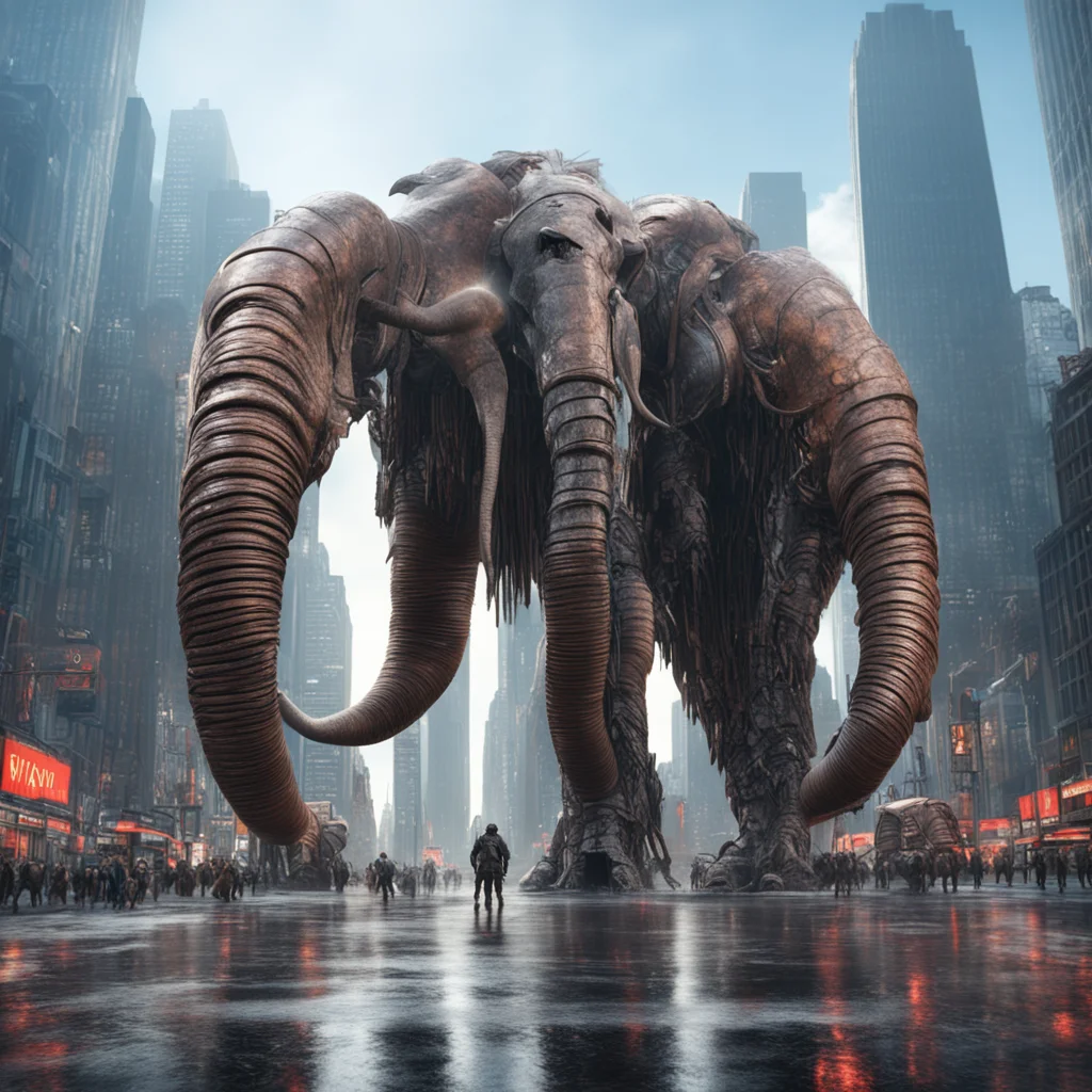 A giant robotic mammoth with long shiny tusks designed by Vitali Bulgarov destroying new york manhattan science fiction 