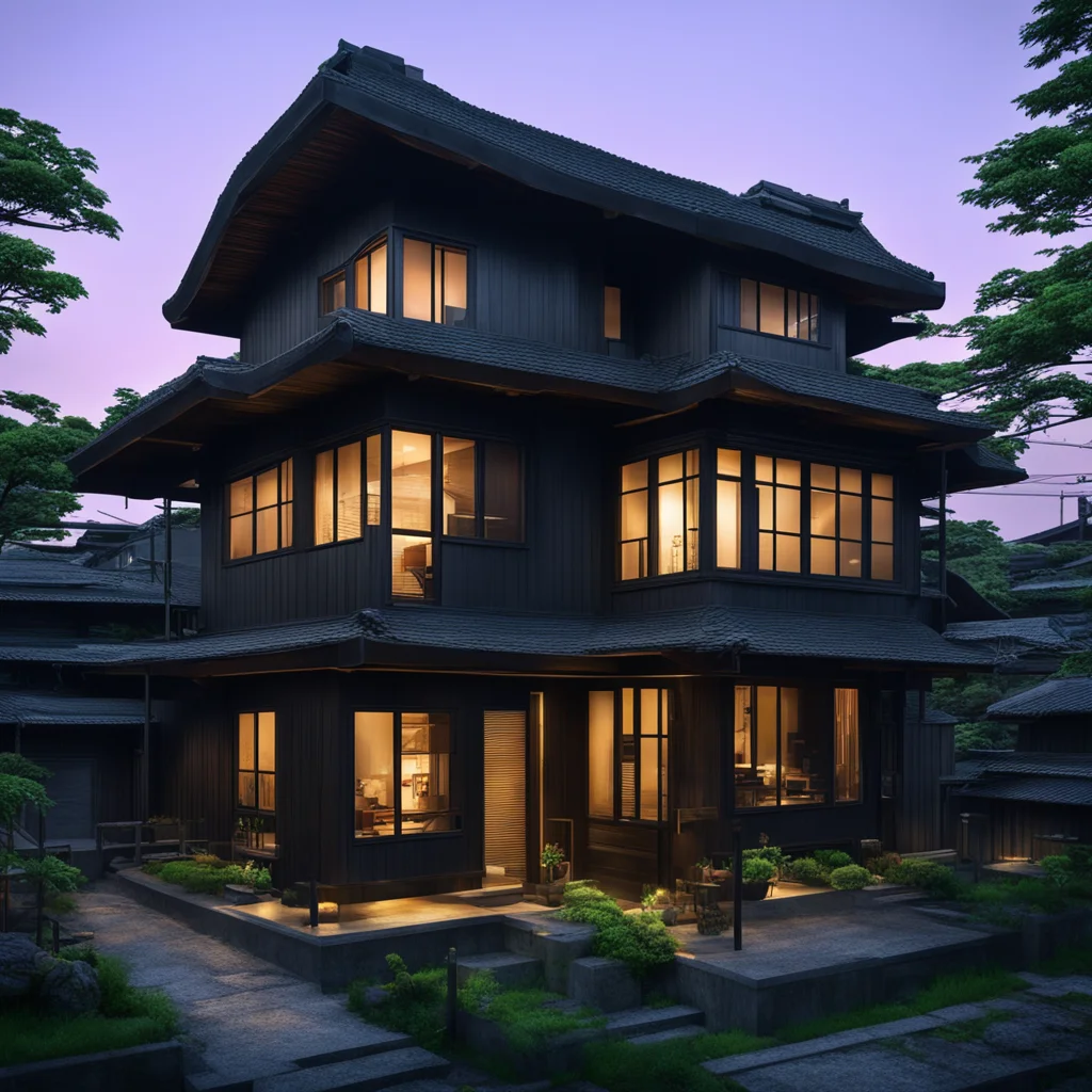 A glowing cyberpunk house in feudal Japan with wabisabi details
