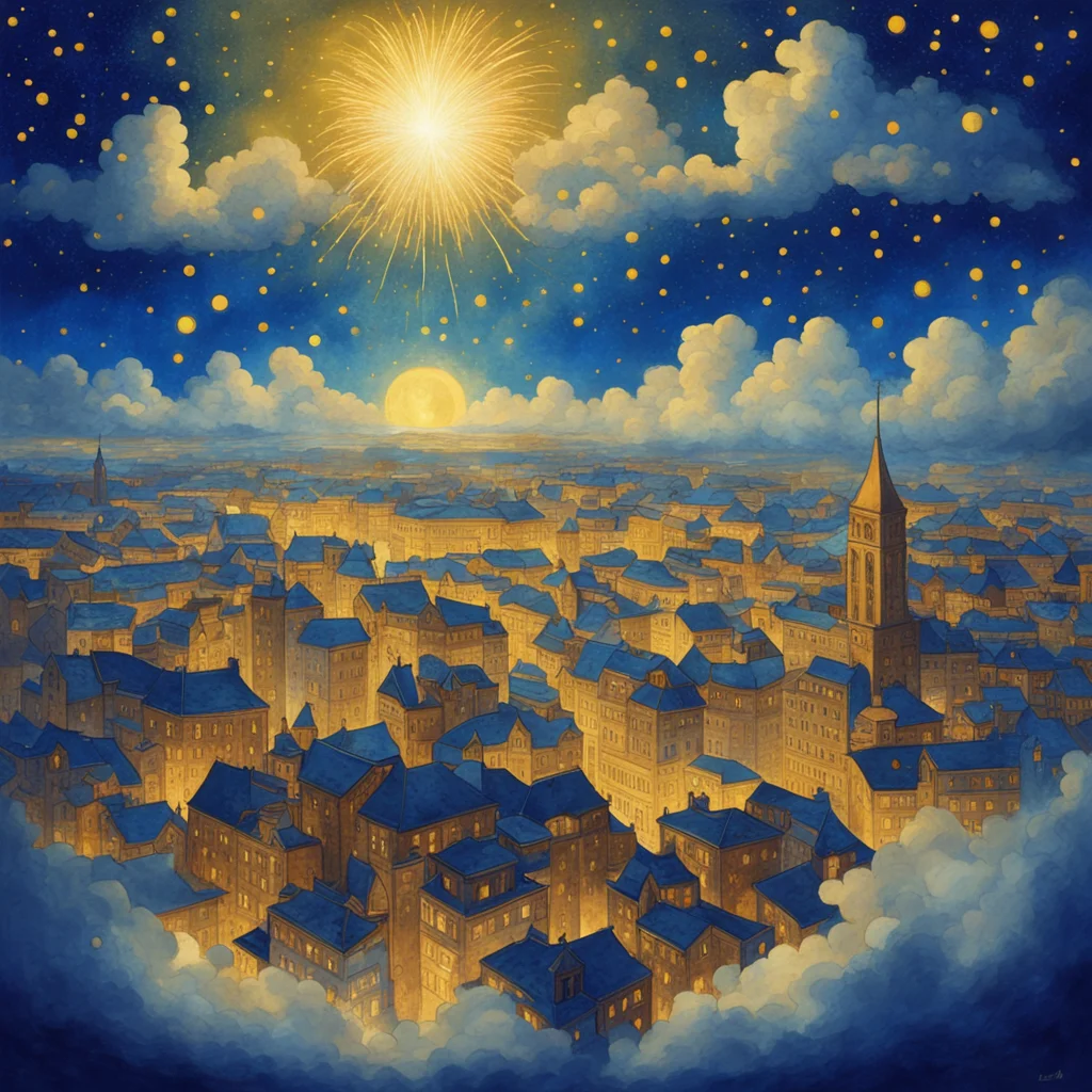 A golden evening cityscape in summer the light shines on the city through the clouds with blue lights starry fireworks b