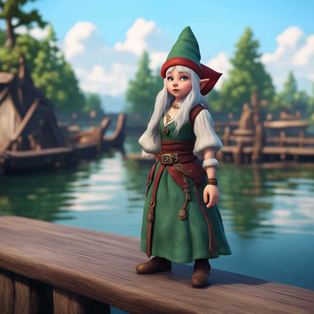 A gorgeous dnd gnome in a broan dress on a dock cinematic aspect 169