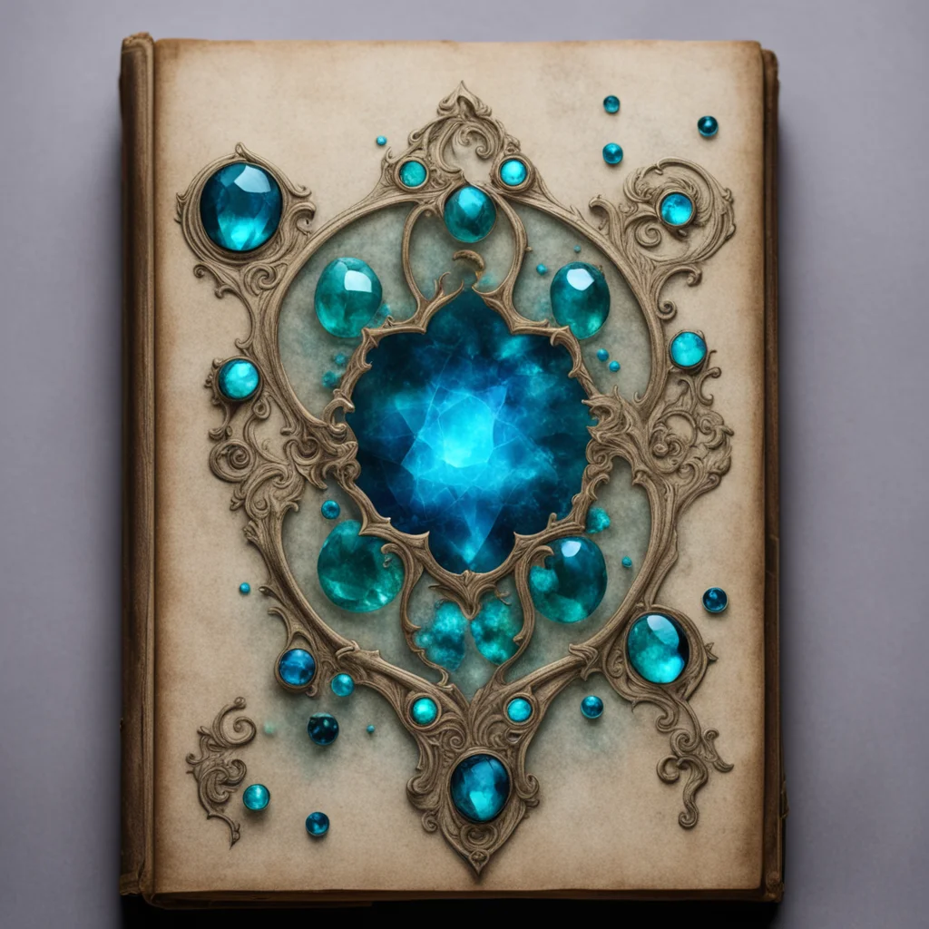 A grimoire with aqua blue gems