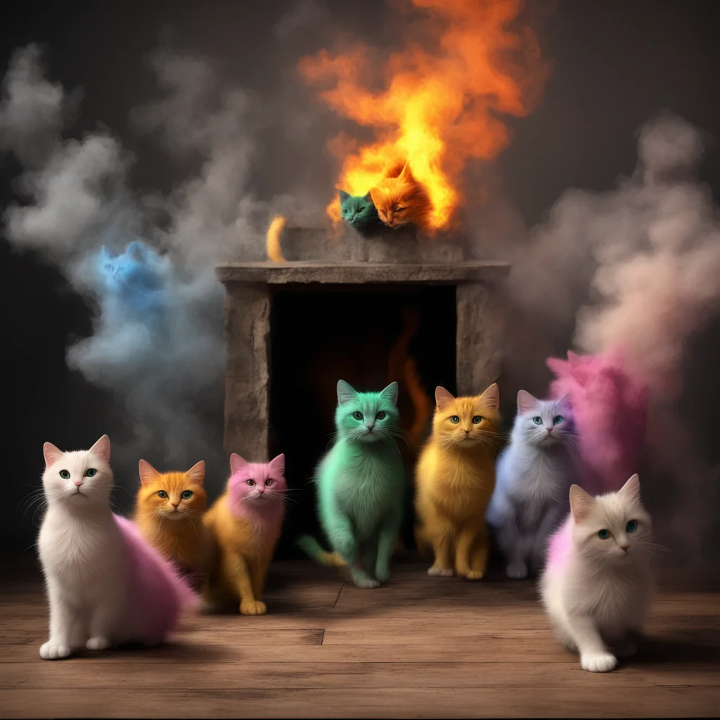 A group of colorful cats jumped out of the smoke from the french fireplace details photoreal vivid Track Righ，16 k ar 16