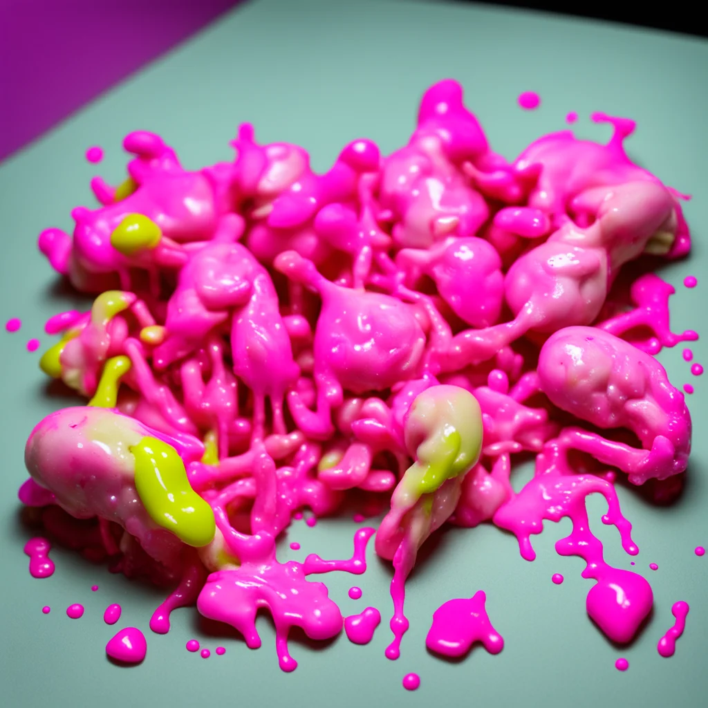 A handful of doll parts and raw chicken covered in dripping neon paint