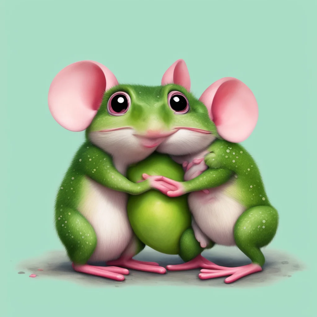 A happy mouse and a frog are hugging They are in love