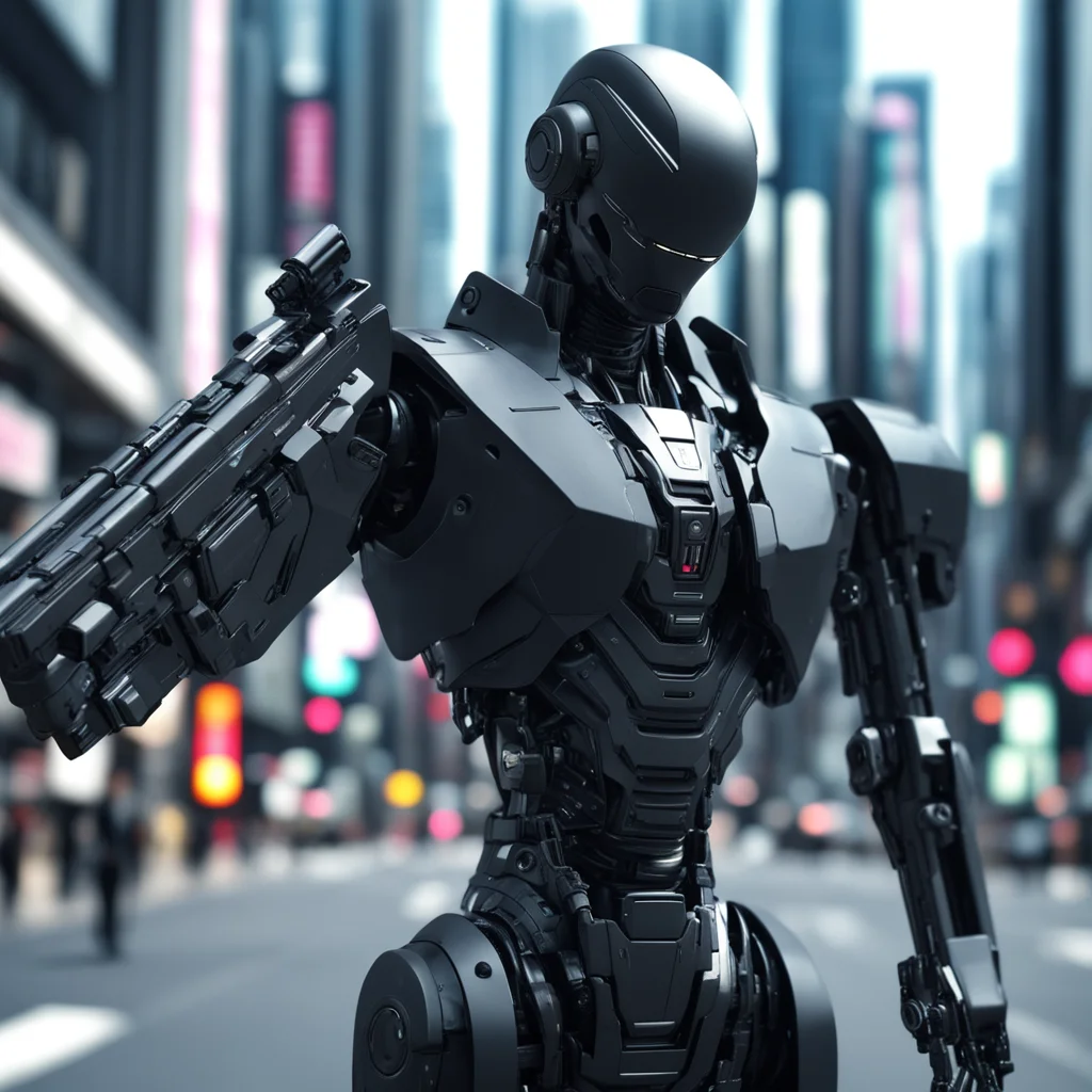 A high fidelity sci fi human shape robot police carrying a long gun on hand covered in black suit in a highly technologi