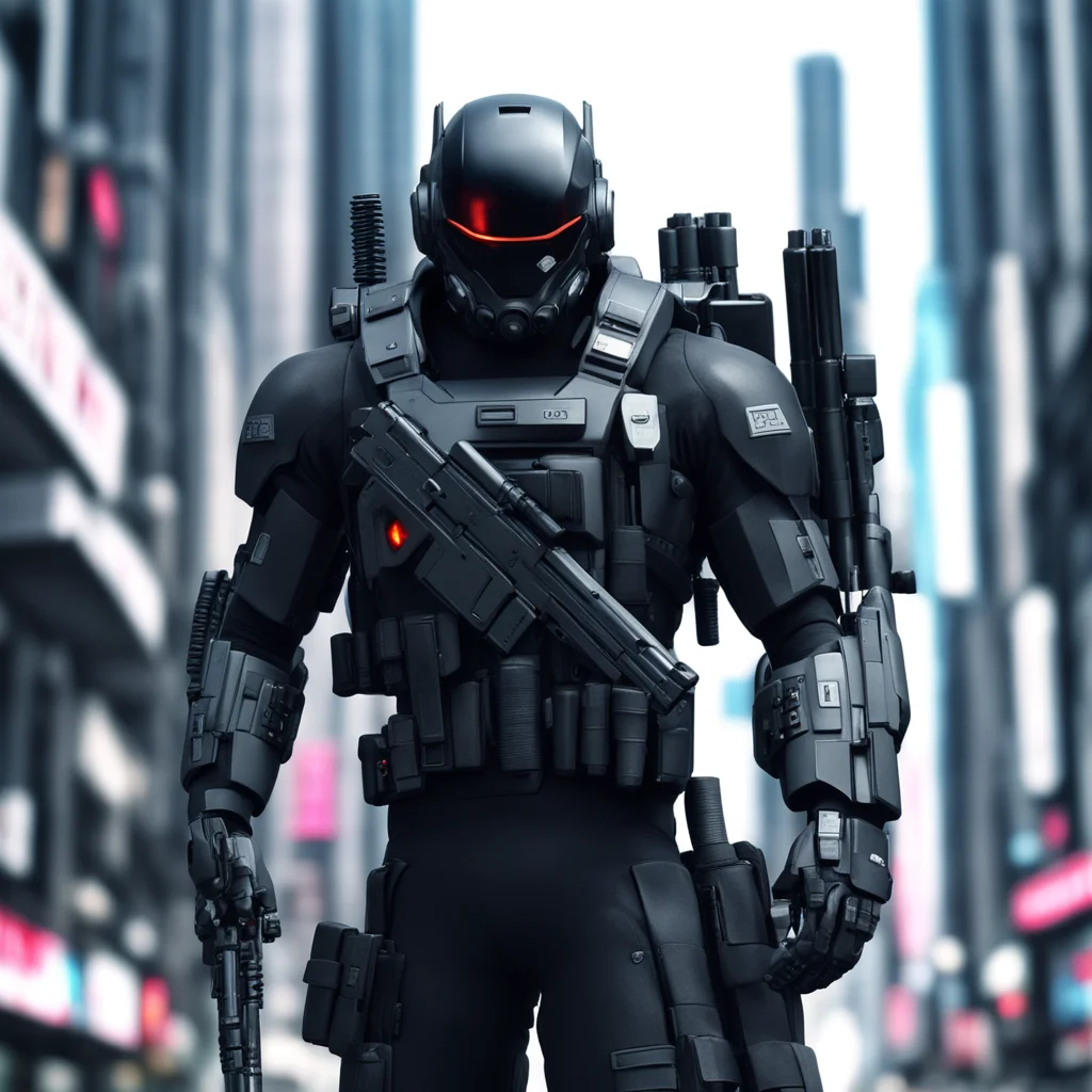 A high fidelity sci fi police carrying a long carbine covered in black battle suit in a highly technologically Tokyo city inspired by yoji shinkawa high deta