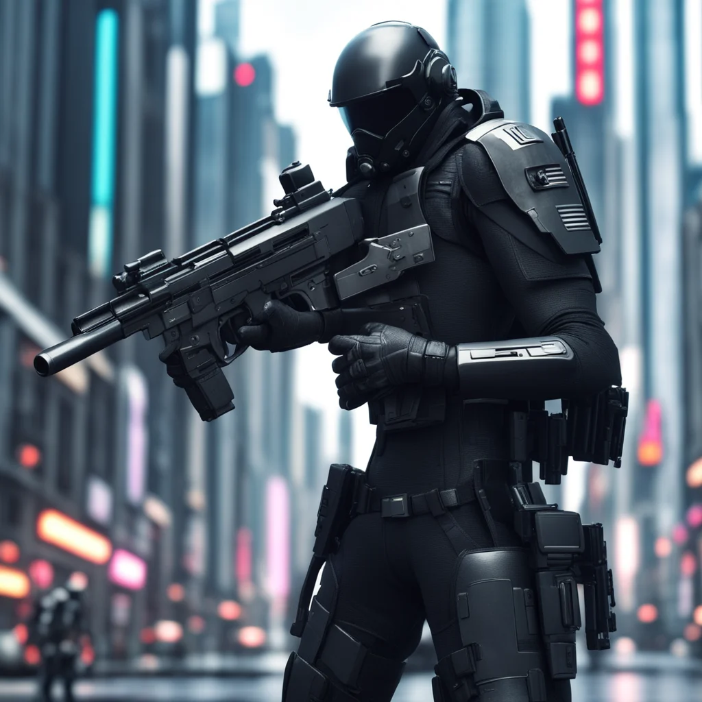 A high fidelity sci fi police with carrying a long gun on hand covered in black armor in a highly technologically advanc