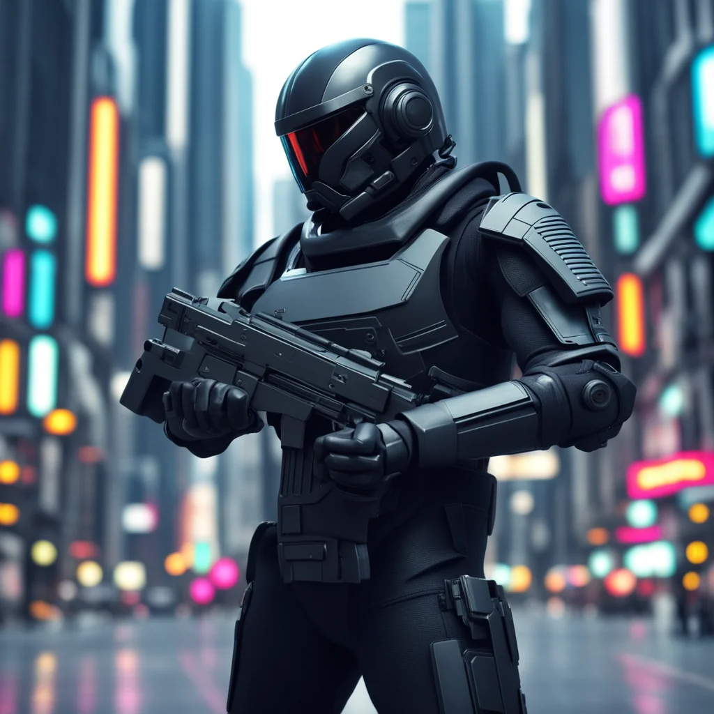 A high fidelity sci fi police with helmet and with a long gun on hand covered in black armor in a highly technologically
