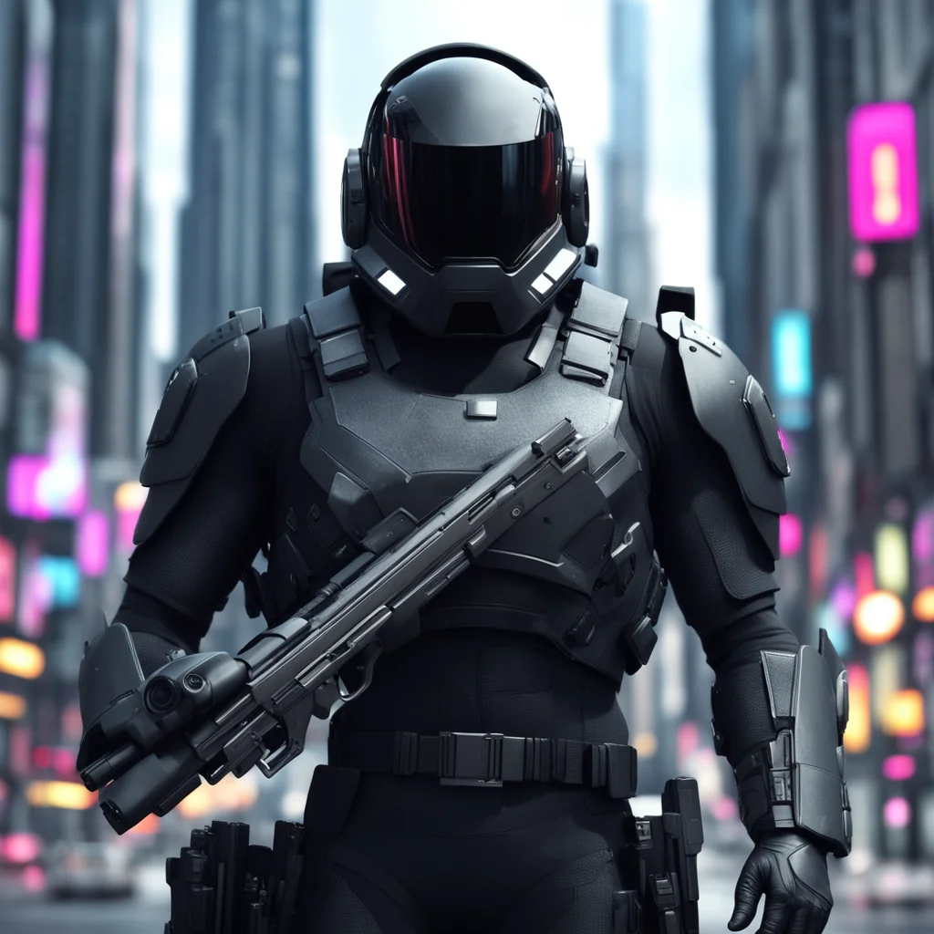 A high fidelity sci fi police with helmet carrying a long gun on hand covered in black armor in a highly technologically