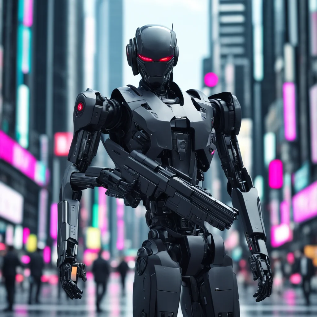 A high fidelity sci fi robot police carrying a long gun on hand covered in black suit in a highly technologically Tokyo 