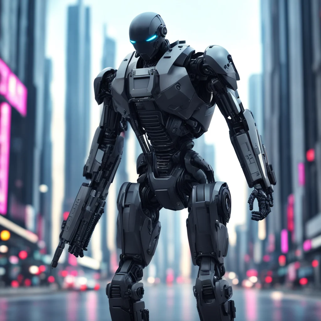 A high fidelity sci fi robotic human carrying a long gun covered in black armor in a highly technologically advanced cit