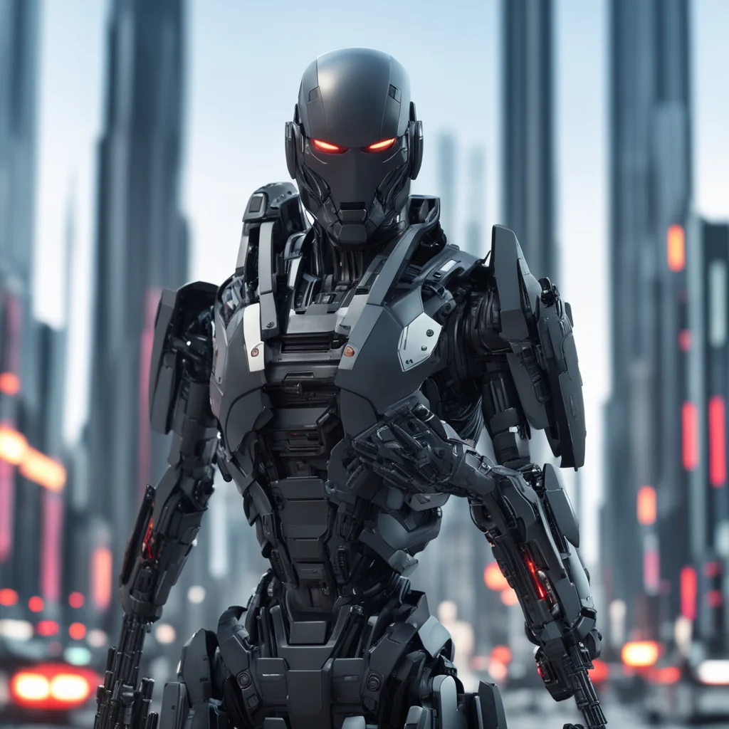 A high fidelity sci fi robotic human with a long gun covered in black armor in a highly technologically advanced city hi