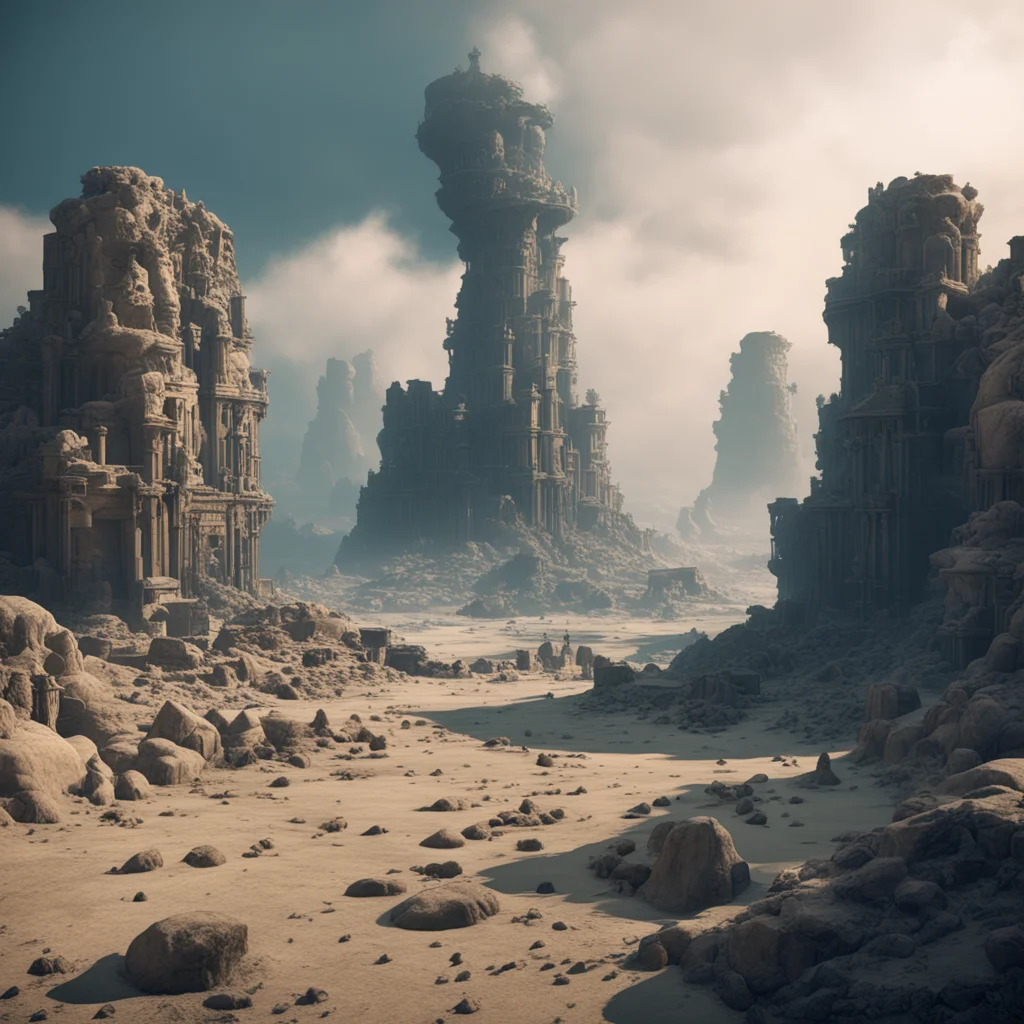 A huge bottomless sunken city sporadic lighting 1980s wasteland style dust smoke huge stone heads of gods 3D rendering —