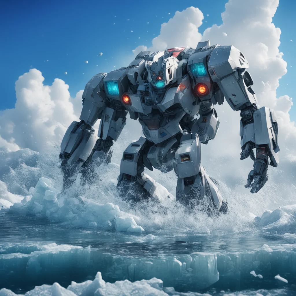 A huge damaged abandoned robot GoLion Voltron emerging from iceberg fighting against a giant alien hybrid creature whale