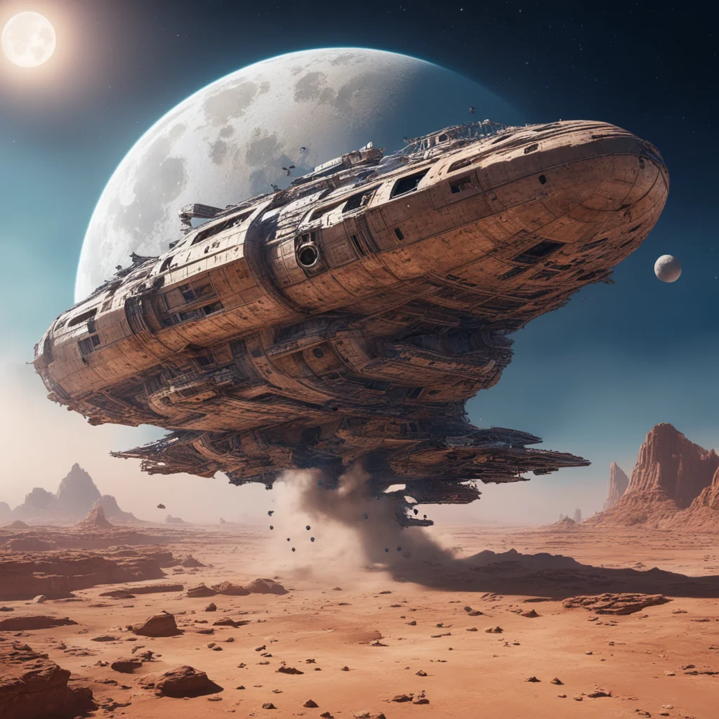 A huge demaged abandoned space battleship cover with sand debris smoke huge moon and a wormhole up in the sky connecting