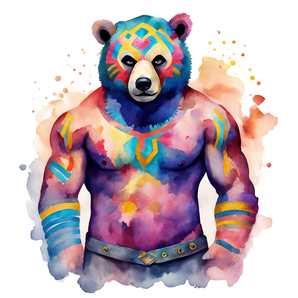 A human luchador with a bear mask In the style of Aztec watercolor aspect 23