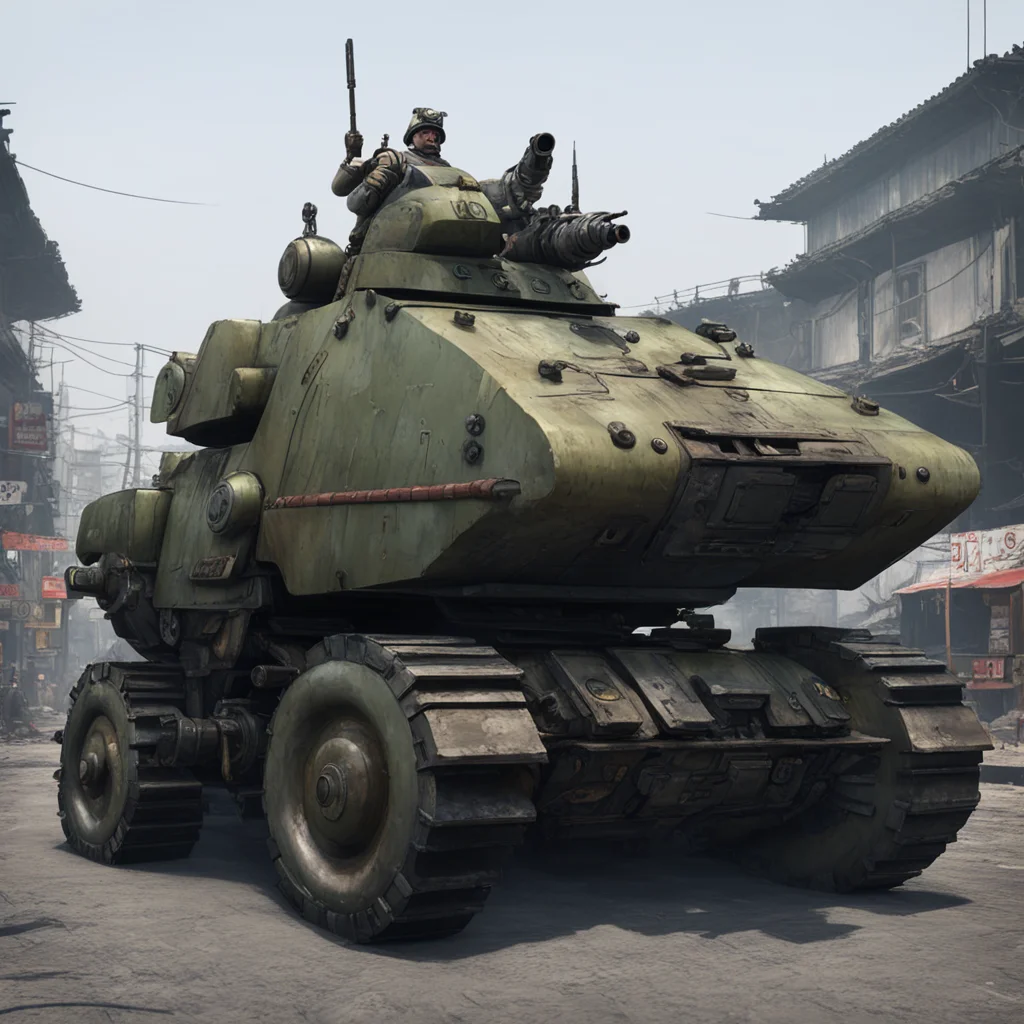 A human sized metal Slug tank in Wuhan city 8K Unreal Engine Studio Trigger Production IG Jakub Rozalski h 538 w 1280 no