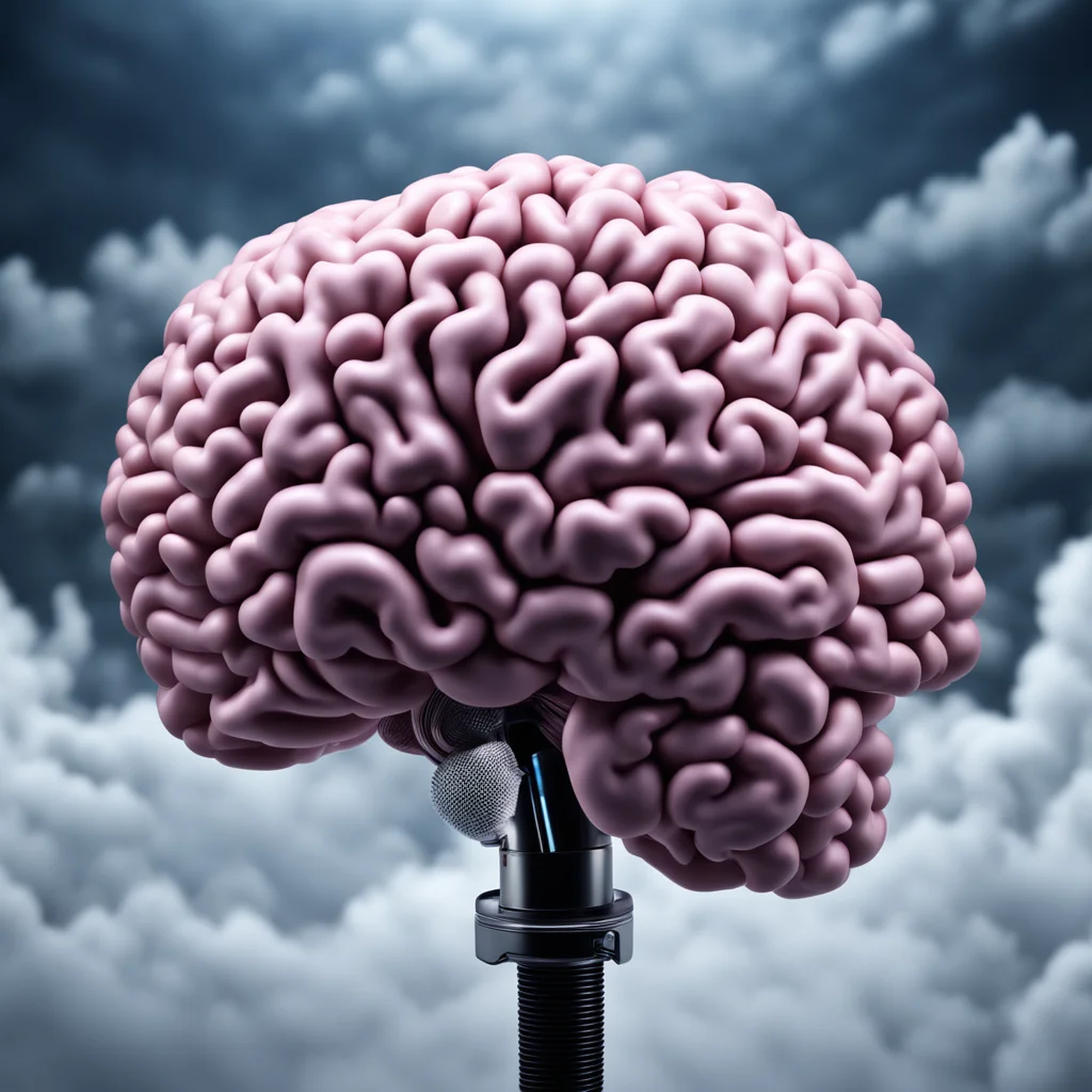 A hyper realistic liquid human brain with microphone headset attached dry ice clouds surrounding cinematic lighting octa