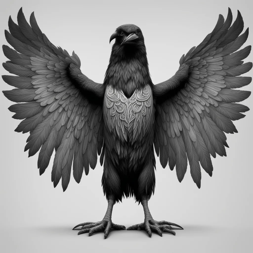 A hyper realistic tribal crow with open wings in Maori style highly detailed octane render wide angle