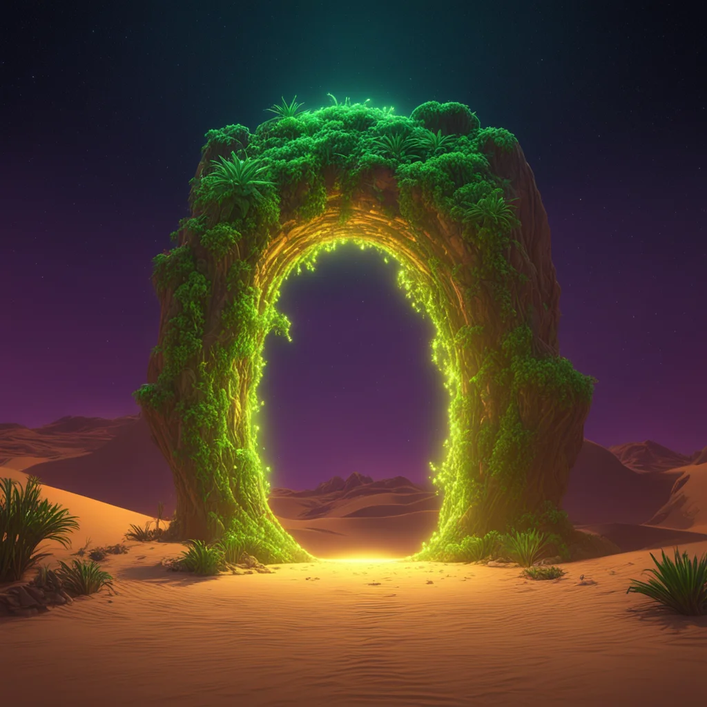 A large glowing portal in the desert at night inside this portal there isa rainforest by day octane render noblehigh det