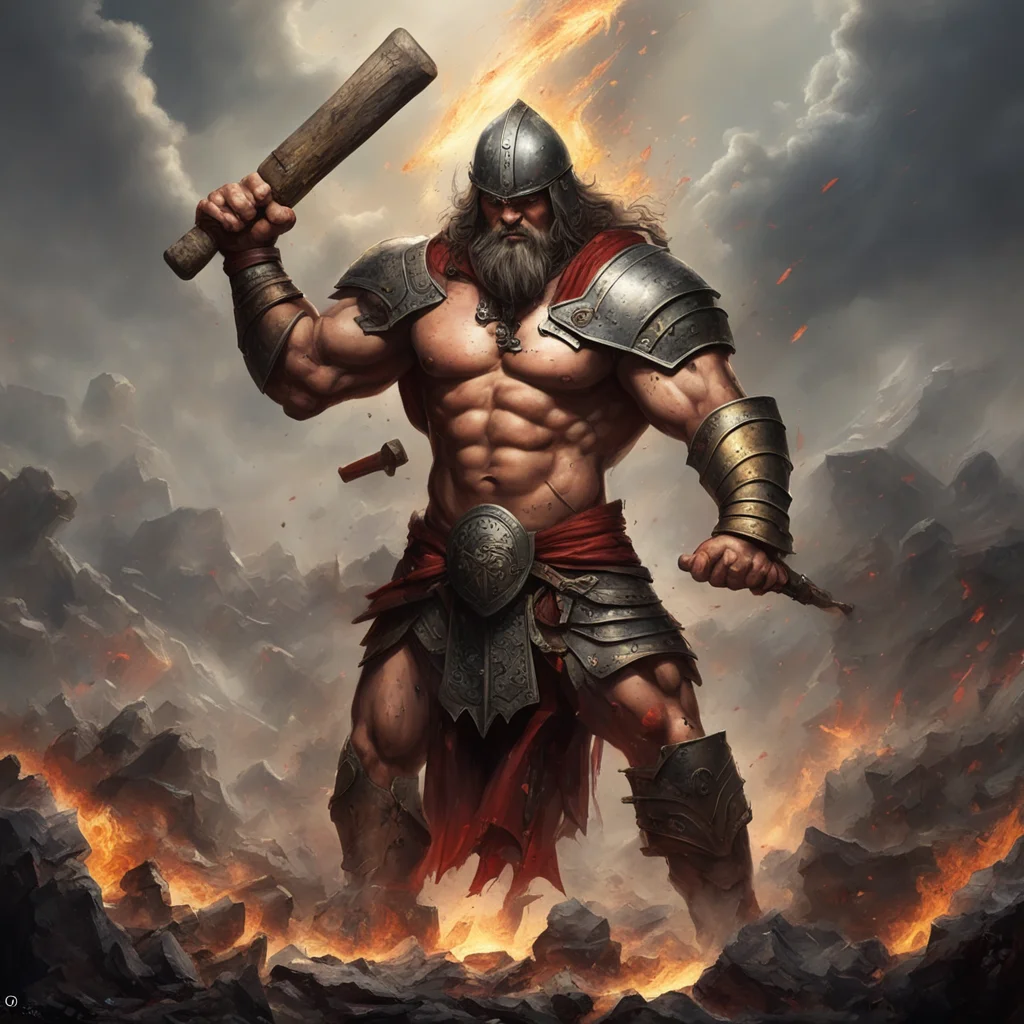 A legendary hammer weapon painting would depict a mighty warrior wielding a huge hammer smashing their enemies to pieces
