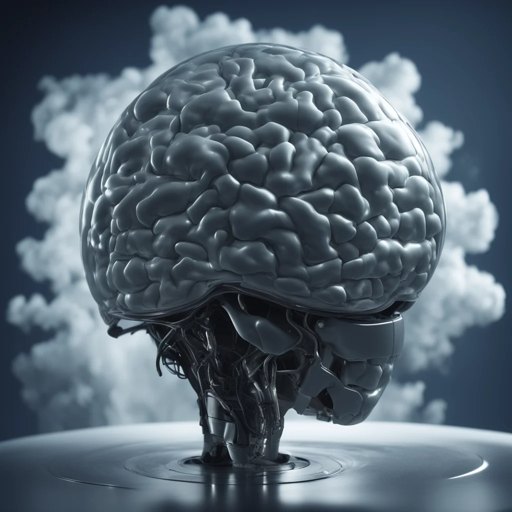 A liquid human brain melting inside a futuristic aviation helmet dry ice clouds surrounding cinematic lighting octane re