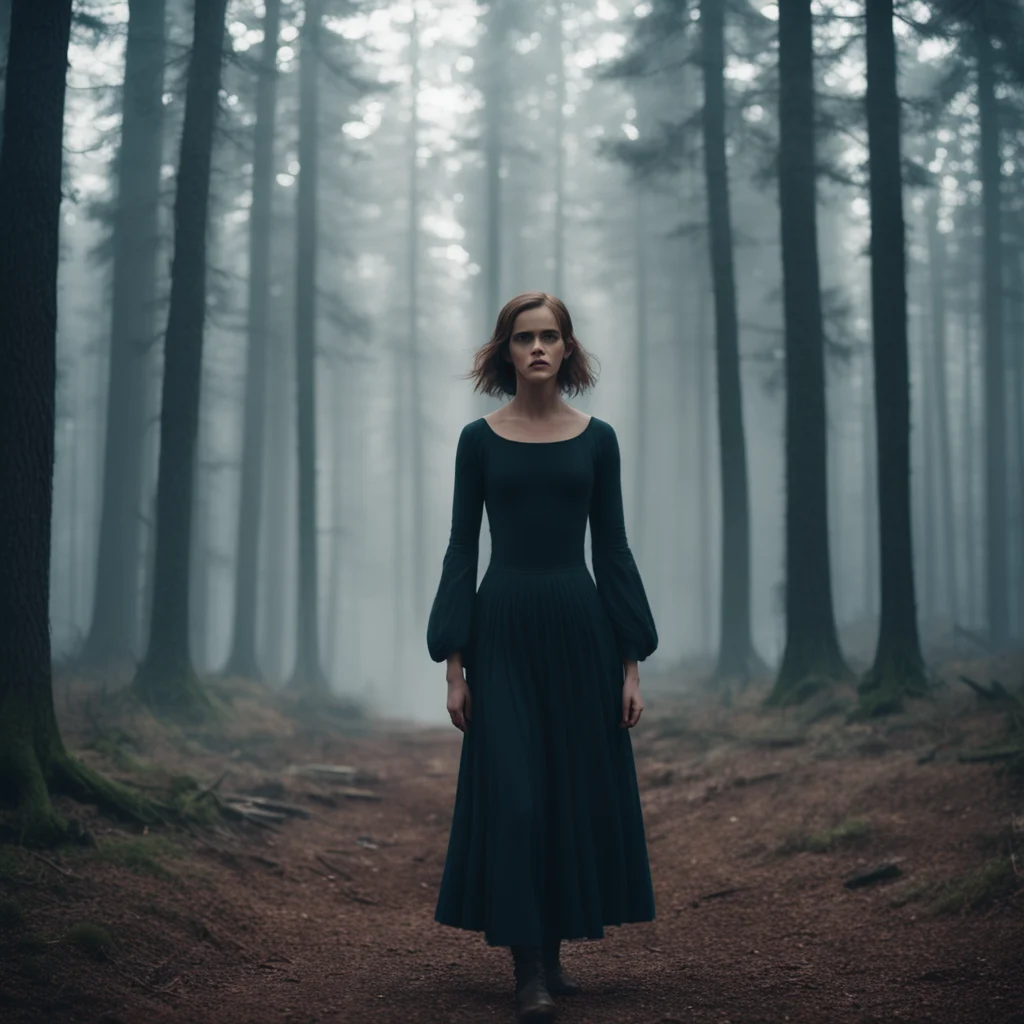 A long shot of Emma Watson witch in pine forest smoke cinematic atmospheric horror chaotic ultrarealistic highly detaile