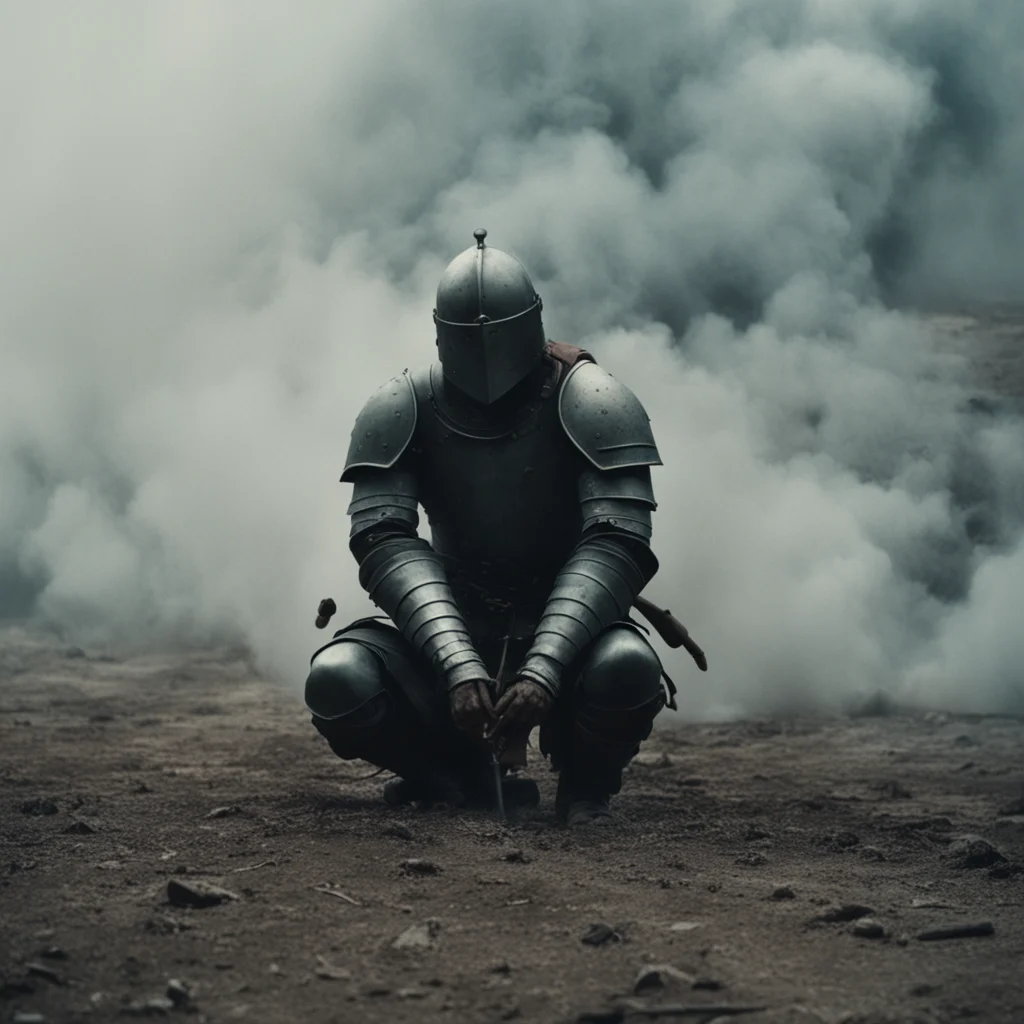 A long shot of a tired kneeling knight in battlefield smokeAkira Kurosawa cinematic atmospheric horror chaotic highly de