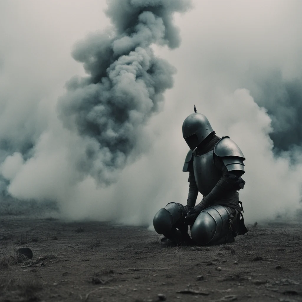 A long shot of a tired kneeling knight in battlefield smokeAkira Kurosawa cinematic atmospheric horror chaotic highly detailed Panavision film camera 8k