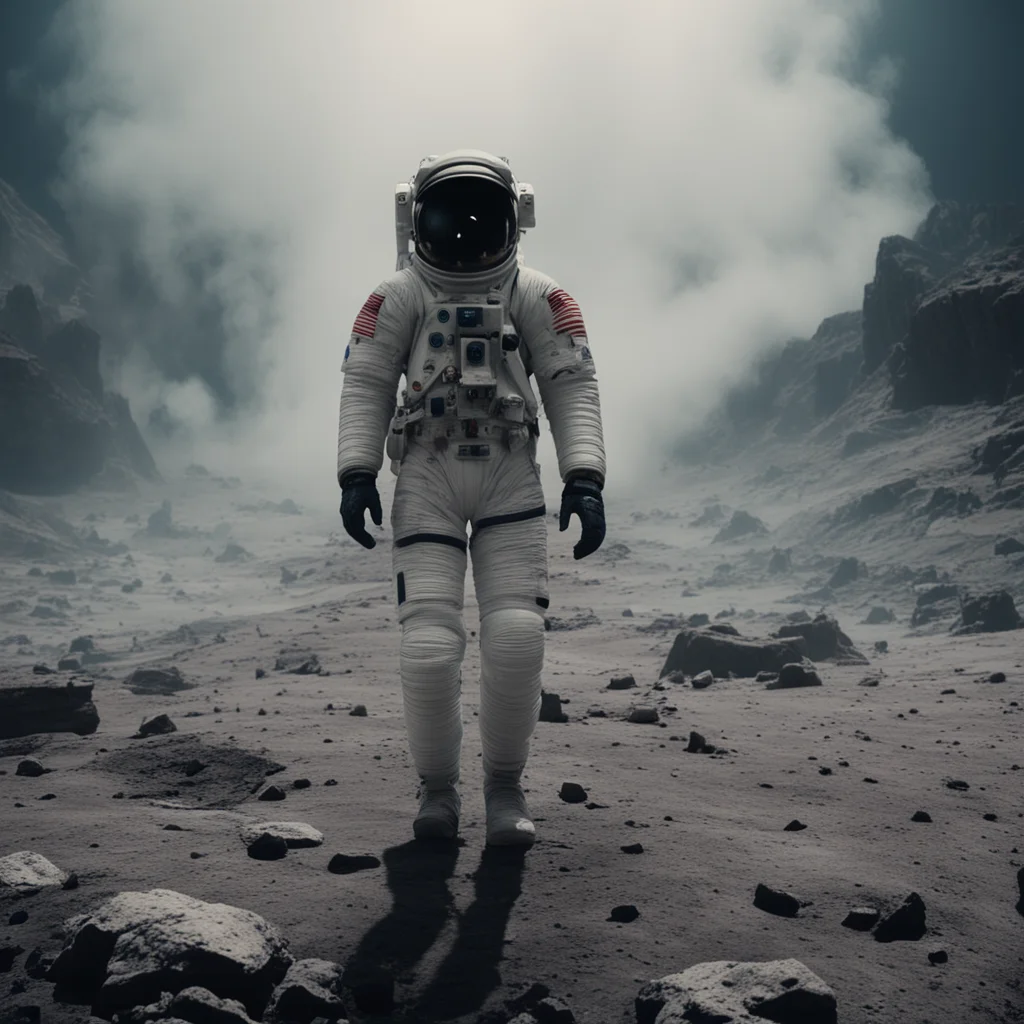 A long shot of astronaut walking in rocky planet Ridley Scott smoke cold cinematic atmospheric horror chaotic ultrareali