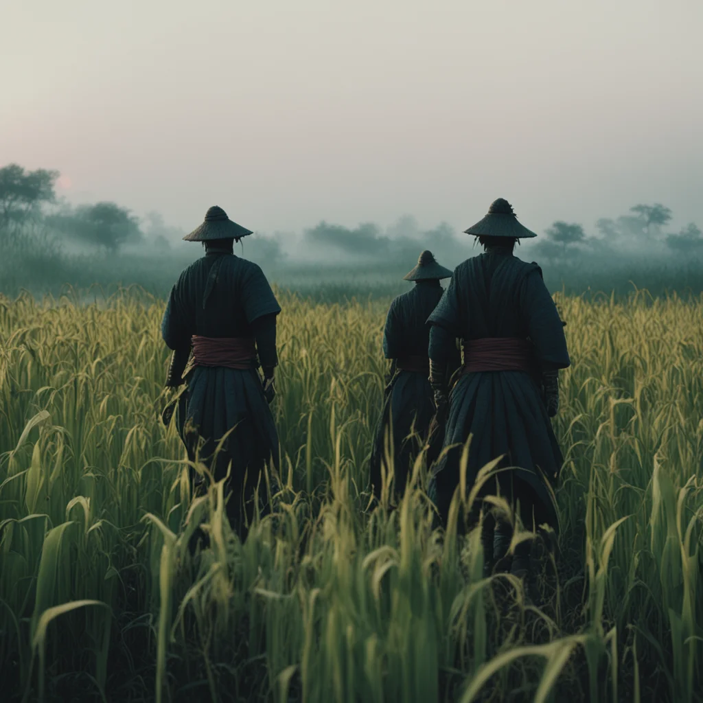 A long shot of dueling samurais in corn field at cold morning dawn Akira Kurosawa cinematic atmospheric horror chaotic u