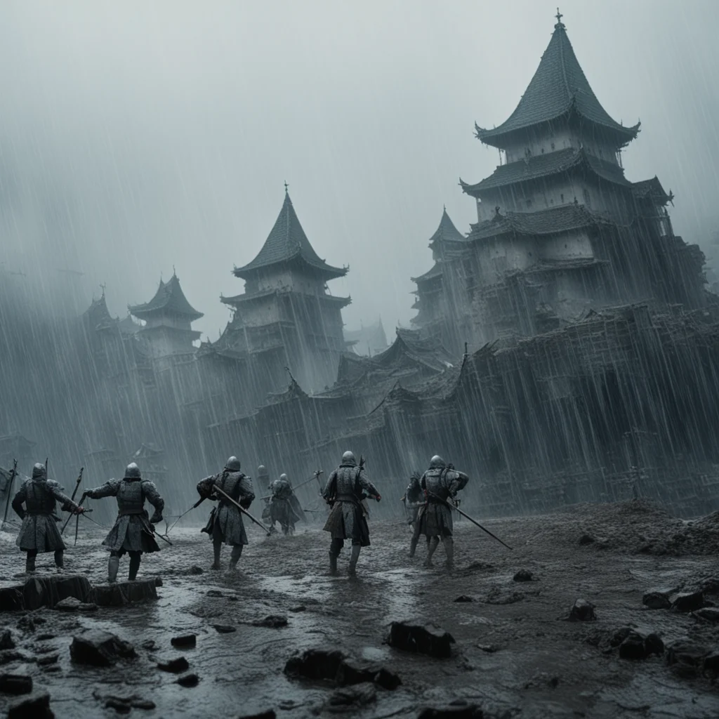 A long shot of fighting knights battle army castle rain mud Akira Kurosawa cinematic atmospheric chaotic highly detailed