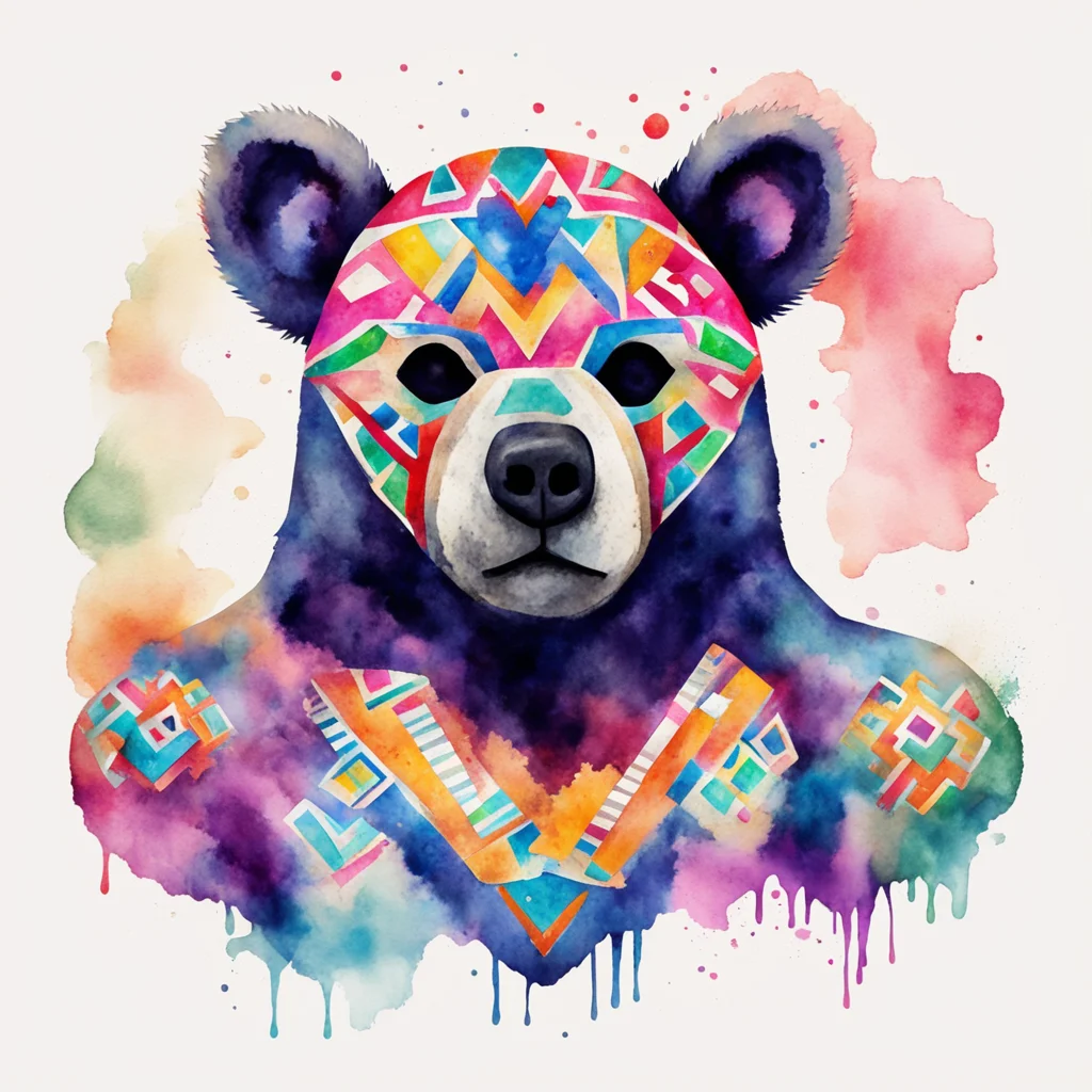 A luchador in a bear mask In the style of Aztec watercolor aspect 23