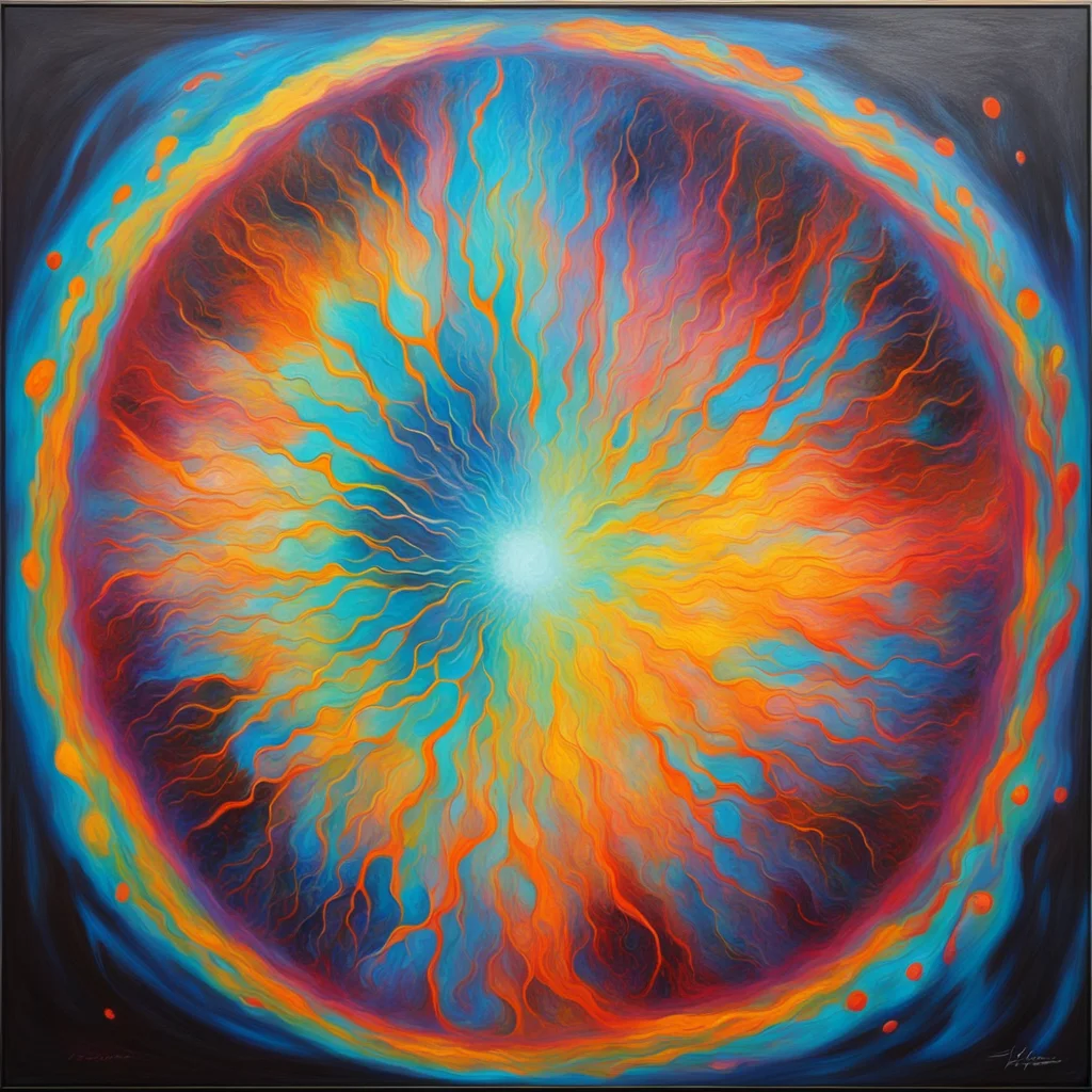 A magical abstract painting showing an energy storm inside an animal cell The simple composition creates a sense of orde