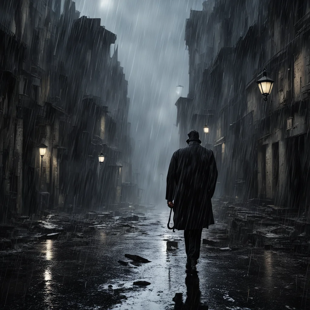 A man with a black umbrella walks on a rainy night in a ruined city