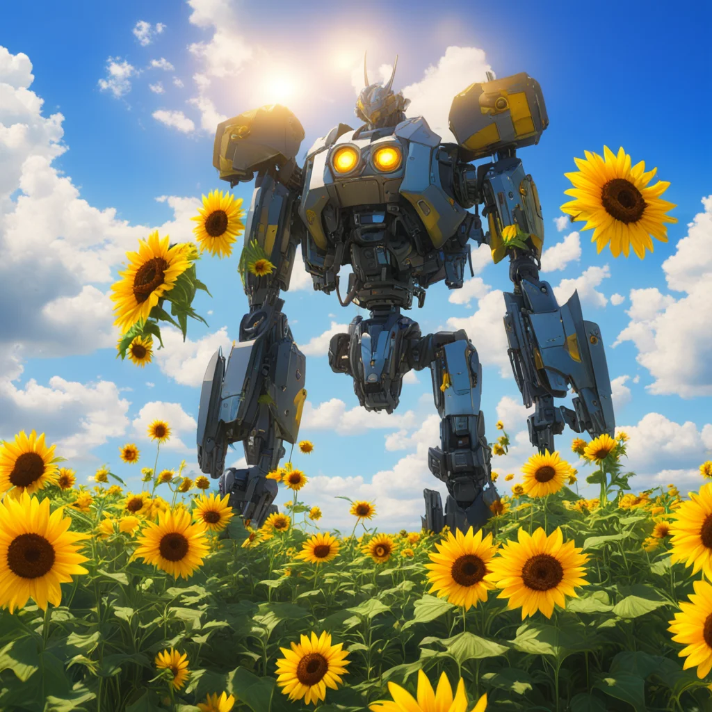 A matte painting of a Shiny metallic mech surrounded by sunflowers sunshine clouds Neon Genesis Evangelion super wide an