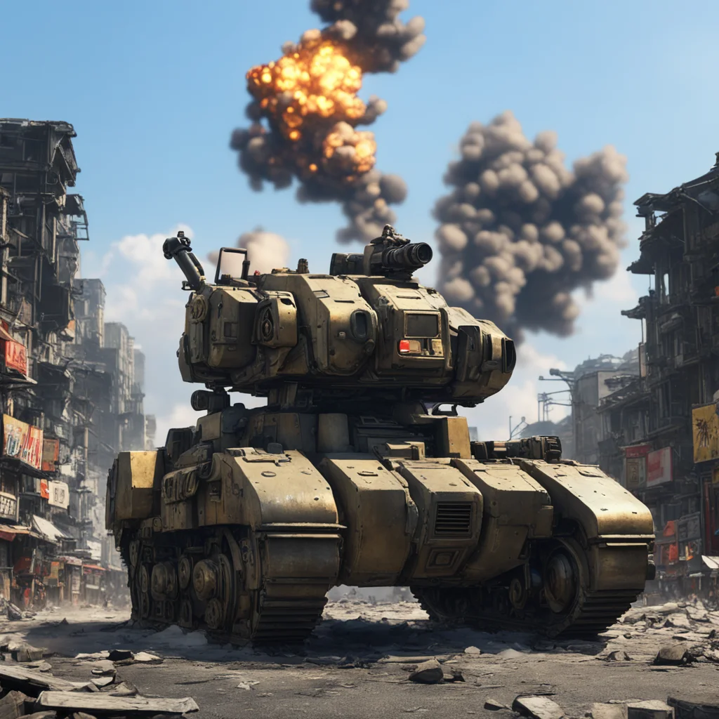 A metal Slug tank human sized mecha in destroyed Toyko city explosion effect background 4K Unreal Engine Studio Trigger 