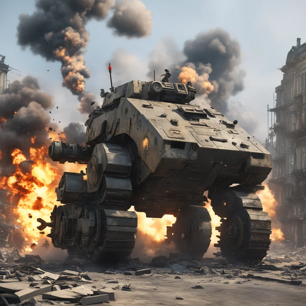 A metal Slug tank human sized mecha in destroyed Ukraine city explosion effect background 4K Unreal Engine Studio Trigge